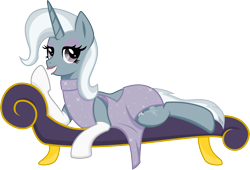 Size: 5011x3412 | Tagged: safe, artist:catnipfairy, character:trixie, species:pony, species:unicorn, clothing, couch, dress, evening gloves, eyeshadow, female, lidded eyes, lipstick, mare, prone, simple background, smiling, solo, transparent background, vector