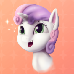 Size: 1092x1092 | Tagged: safe, artist:starkdust, character:sweetie belle, species:pony, species:unicorn, bust, female, open mouth, simple background, smiling, solo
