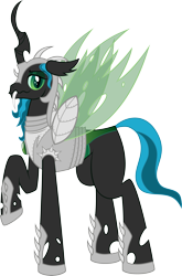 Size: 3432x5209 | Tagged: safe, artist:catnipfairy, character:queen chrysalis, species:changeling, armor, changeling king, hoof shoes, king metamorphosis, looking at you, male, raised hoof, rule 63, simple background, smiling, solo, spread wings, transparent background, vector, wavy mouth, wings