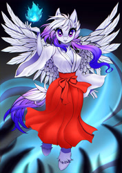 Size: 2894x4093 | Tagged: safe, artist:pony straponi, oc, oc only, oc:cloud cover, species:anthro, species:pegasus, species:pony, anthro oc, commission, female, floating, full body, hand, miko, pegasus oc, solo, spirit, ych result
