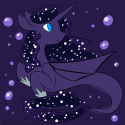 Size: 800x800 | Tagged: safe, artist:draikinator, character:princess luna, species:pony, species:seapony (g4), abstract background, bat wings, ethereal mane, female, floppy ears, galaxy mane, looking over shoulder, mare, merpony, seaponified, smiling, solo, species swap
