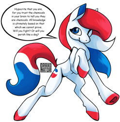 Size: 1280x1294 | Tagged: safe, artist:draikinator, oc, oc only, species:earth pony, species:pony, cutie mark, dialogue, female, looking at you, mare, one eye closed, pepsi pony, rearing, simple background, solo, speech bubble, transparent background, will you fight? or will you perish like a dog?, wink