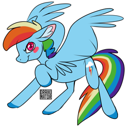 Size: 1280x1285 | Tagged: safe, artist:draikinator, character:rainbow dash, species:pegasus, species:pony, blushing, cutie mark, female, looking at you, mare, raised hoof, simple background, smiling, solo, spread wings, transparent background, wings