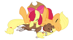 Size: 1250x690 | Tagged: safe, artist:kumkrum, character:apple bloom, character:applejack, character:winona, species:dog, species:earth pony, species:pony, adorabloom, apple bloom's bow, apple sisters, applejack's hat, border collie, bow, clothing, cowboy hat, cute, eyes closed, female, filly, foal, hair bow, hat, jackabetes, mare, on back, pony pile, pony pillow, siblings, simple background, sisters, sleeping, transparent background, trio, trio female, winonabetes