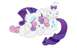 Size: 1250x779 | Tagged: safe, artist:kumkrum, character:opalescence, character:rarity, character:sweetie belle, species:pony, species:unicorn, cute, diasweetes, female, filly, mare, pony pillow, raribetes, sisters, sleeping