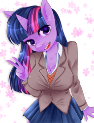 Size: 1300x1700 | Tagged: safe, artist:klaudy, character:twilight sparkle, species:anthro, species:pony, species:unicorn, big breasts, breasts, busty twilight sparkle, clothing, cute, doki doki literature club, open mouth, pleated skirt, skirt