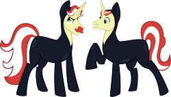 Size: 7028x4002 | Tagged: safe, artist:catnipfairy, character:flam, character:flim, species:pony, species:unicorn, absurd resolution, catsuit, duo, duo male, male, raised hoof, simple background, stallion, transparent background, vector