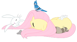Size: 1250x692 | Tagged: safe, artist:kumkrum, character:angel bunny, character:fluttershy, species:pegasus, species:pony, blue jay, female, ferret, mare, mouse, on side, simple background, sleeping, transparent background