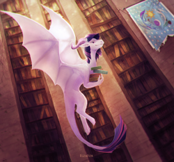 Size: 2900x2705 | Tagged: safe, artist:elzafox, character:twilight sparkle, species:dragon, species:pony, book, chromatic aberration, cover art, dragoness, dragonified, equestrian flag, fanfic, fanfic art, fanfic cover, female, flying, library, solo, species swap, twilidragon