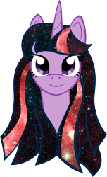 Size: 1858x3055 | Tagged: safe, artist:catnipfairy, character:twilight sparkle, species:pony, species:unicorn, alternate hairstyle, bust, female, galaxy mane, i really like her mane, looking at you, mane, mare, portrait, simple background, smiling, solo, stars, transparent background, vector
