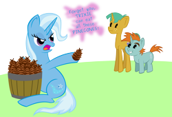 Size: 3000x2036 | Tagged: safe, artist:catnipfairy, character:snails, character:snips, character:trixie, species:pony, species:unicorn, apple.mov, colt, female, fuck you i can eat all these apples, high res, male, mare, pinecone, simple background, transparent background, trixie eating pinecones, vector