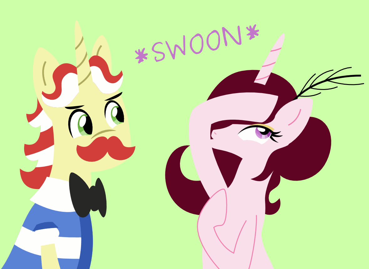 Size: 1179x861 | Tagged: safe, artist:catnipfairy, character:flam, oc, oc:rose wine, species:pony, species:unicorn, animated, ask the flim flam bros, canon x oc, duckface, eyebrow wiggle, eyebrows, eyeshadow, female, gif, hatless, male, mare, missing accessory, moustache, shipping, simple background, stallion, straight, swoon
