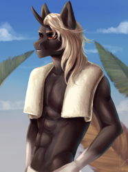 Size: 1024x1375 | Tagged: safe, artist:zefirayn, oc, oc only, species:anthro, species:pony, species:unicorn, anthro oc, beach, commission, digital art, male, solo, stallion, vexel, ych result
