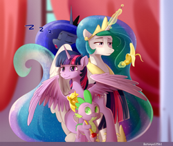 Size: 3236x2738 | Tagged: safe, artist:batonya12561, character:princess celestia, character:princess luna, character:spike, character:twilight sparkle, character:twilight sparkle (alicorn), species:alicorn, species:dragon, species:pony, alicorn triarchy, banana, bananalestia, eyes closed, female, food, glowing horn, group, group photo, high res, magic, majestic as fuck, male, mare, scepter, sleeping, telekinesis, twilight scepter, wings, zzz
