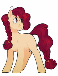 Size: 1024x1317 | Tagged: safe, artist:whisperseas, oc, oc only, parent:apple bloom, parent:tender taps, parents:tenderbloom, species:earth pony, species:pony, blank flank, braid, female, freckles, mare, offspring, simple background, solo, white background