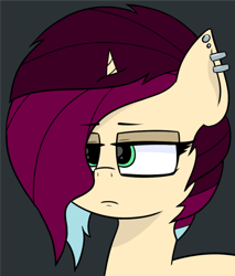 Size: 1176x1381 | Tagged: safe, artist:pinkberry, oc, oc:mulberry merlot, species:pony, species:unicorn, alternate hairstyle, bust, ear piercing, emo, eyeliner, female, gray background, makeup, piercing, simple background, solo
