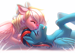 Size: 2400x1700 | Tagged: safe, artist:fenwaru, oc, oc only, oc:andrew swiftwing, oc:bay breeze, species:pegasus, species:pony, blushing, bow, couple, cute, eyes closed, female, forehead kiss, hair bow, happy, heart, kissing, male, smiling, straight, swiftbreeze, wings