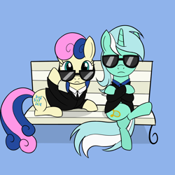 Size: 2000x2000 | Tagged: safe, artist:sazanamibd, character:bon bon, character:lyra heartstrings, character:sweetie drops, species:earth pony, species:pony, species:unicorn, bench, blue background, bon bond, clothing, duo, mare in black, simple background, sitting, special agent, suit, sunglasses