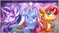 Size: 3800x2159 | Tagged: safe, artist:ilynalta, character:starlight glimmer, character:sunset shimmer, character:trixie, species:pony, species:unicorn, clothing, counterparts, female, high res, horn ring, looking at you, magic, magical trio, mare, open collaboration, printable, smiling, speedpaint available, trio, twilight's counterparts, underhoof