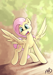 Size: 2480x3508 | Tagged: safe, artist:sea-maas, character:fluttershy, species:pegasus, species:pony, blurred background, female, happy, high res, mare, open mouth, signature, smiling, solo, spread wings, wings