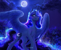 Size: 1920x1580 | Tagged: safe, artist:elzafox, character:princess luna, species:alicorn, species:pony, color porn, female, looking at you, mare, missing accessory, moon, night, solo, spread wings, wings
