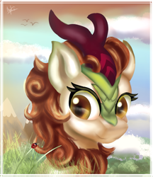 Size: 2253x2603 | Tagged: safe, artist:ilynalta, character:autumn blaze, species:kirin, episode:sounds of silence, g4, my little pony: friendship is magic, bust, female, insect, ladybug, looking at you, mountain, nature, solo