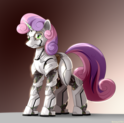 Size: 2510x2480 | Tagged: safe, artist:batonya12561, character:sweetie belle, species:pony, species:unicorn, friendship is witchcraft, sweetie bot, g4, adoracreepy, creepy, cute, female, green eyes, robot, robot pony, solo, three quarter view