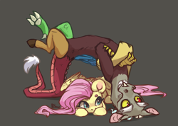 Size: 2808x2000 | Tagged: safe, artist:graypillow, character:discord, character:fluttershy, species:draconequus, species:pony, ship:discoshy, backbend, bridge stretch, female, male, shipping, simple background, straight