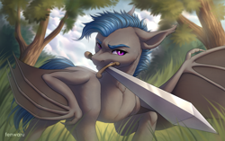 Size: 2700x1700 | Tagged: safe, artist:fenwaru, oc, oc only, oc:eerie eclipse, species:bat pony, commission, forest, looking at you, male, mouth hold, solo, spread wings, sword, weapon, wing claws, wings, ych result