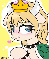 Size: 1024x1235 | Tagged: safe, artist:parn, species:earth pony, species:pony, blushing, bowser, bowsette, bust, choker, crown, cute, cute little fangs, fanart, fangs, female, horns, jewelry, looking at you, mare, ponified, ponified meme, princess bowser, regalia, rule 63, simple background, spiked choker, super crown, tortoise shell, yellow background