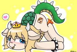 Size: 1024x696 | Tagged: safe, artist:parn, species:earth pony, species:pony, blushing, bowser, bowsette, crown, cute, dialogue, face down ass up, fanart, female, heart, horns, jewelry, lovely, mare, pictogram, ponified, princess bowser, regalia, rule 63, simple background, smiling, solo, speech bubble, super crown, tongue out, tortoise shell, yellow background