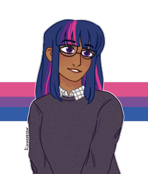 Size: 890x1050 | Tagged: safe, artist:fioweress, character:twilight sparkle, species:human, bi twi, bilight sparkle, bisexual pride flag, bisexuality, dark skin, female, glasses, headcanon, humanized, lgbt, lgbt headcanon, pride, pride flag, sexuality headcanon, simple background, smiling, solo, transparent background