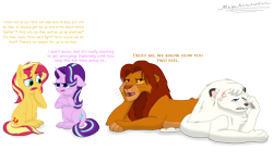 Size: 3020x1808 | Tagged: safe, artist:megaanimationfan, character:starlight glimmer, character:sunset shimmer, species:pony, species:unicorn, angry, annoyed, big cat, confused, crossover, disney, forelegs crossed, jungle emperor leo, kimba, kimba the white lion, lion, meta, signature, simba, simple background, the lion king, transparent background