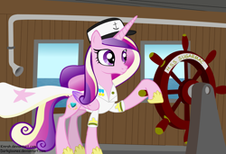 Size: 3911x2674 | Tagged: safe, artist:darkgloones, artist:kinrah, edit, character:princess cadance, female, implied big macintosh, implied sugar belle, implied sugarmac, literal shipping, love boat, princess of love, princess of shipping, pun, ship, shipper on deck, solo, steering wheel