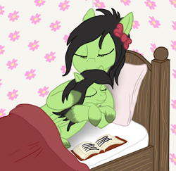 Size: 1528x1486 | Tagged: safe, artist:lizardwithhat, oc, species:earth pony, species:pegasus, species:pony, bed, bedroom, blanket, book, bow, cute, eyelashes, eyes closed, family, female, filly, flower, hair bow, hooves, hug, pillow, smiling