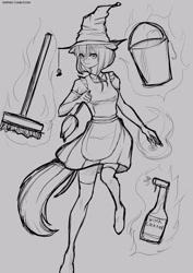 Size: 2894x4093 | Tagged: safe, artist:wernex, species:anthro, clothing, female, hat, knee high socks, looking at you, magic, maid, monochrome, spider, stockings, thigh highs, witch, witch hat