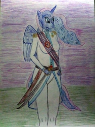 Size: 3120x4160 | Tagged: safe, artist:mildgyth, part of a set, character:princess luna, species:anthro, ziragshabdarverse, clothing, coat, derafsh kaviani, epaulettes, faravahar, female, night, pants, sash, scabbard, solo, sword, traditional art, two toned wings, weapon