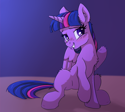 Size: 1500x1342 | Tagged: safe, alternate version, artist:iuth, artist:nighty, derpibooru original, character:twilight sparkle, character:twilight sparkle (alicorn), species:alicorn, species:pony, g4, abstract background, aside glance, blushing, chest fluff, collaboration, colored pupils, cute, ear fluff, explicit source, female, fluffy, hoof fluff, hooves, horn, leg fluff, looking sideways, mare, raised hoof, simple background, sitting, smiling, solo, twiabetes, wing fluff, wings