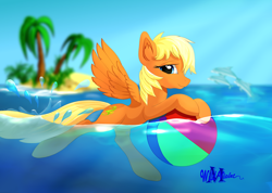 Size: 2660x1890 | Tagged: safe, artist:wildviolet-m, oc, oc only, species:pegasus, species:pony, beach ball, dolphin, female, island, mare, palm tree, smiling, solo, swimming, tree, water