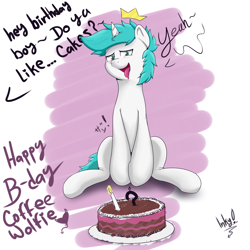 Size: 2500x2500 | Tagged: safe, artist:tonystorm12, oc, oc:spark dash, birthday cake, birthday gift, cake, enjoying, food, looking at you, open mouth