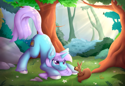 Size: 1280x877 | Tagged: safe, artist:d-sixzey, oc, oc only, oc:lemon code, species:pony, species:unicorn, animal, cloven hooves, crepuscular rays, cutie mark, ear fluff, eyelashes, face down ass up, female, forest, outdoors, solo, squirrel, tree