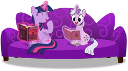Size: 3000x1663 | Tagged: safe, artist:jp, derpibooru original, character:twilight sparkle, character:twilight sparkle (alicorn), species:alicorn, species:pony, species:unicorn, g1, 35th anniversary, book, bow, couch, duo, g1 to g4, generation leap, generational ponidox, horsehead nebula, magic, ponidox, simple background, sitting, tail bow, transparent background, vector