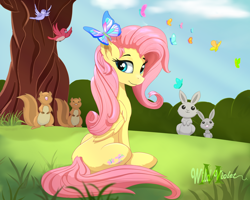 Size: 2000x1600 | Tagged: safe, artist:wildviolet-m, character:fluttershy, species:bird, species:pegasus, species:pony, species:rabbit, beautiful, butterfly, cloud, cute, female, folded wings, grass, looking at you, looking sideways, mare, outdoors, shyabetes, sitting, sky, solo, squirrel, three quarter view, tree, wings