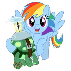 Size: 1600x1600 | Tagged: safe, artist:sazanamibd, character:rainbow dash, character:tank, species:pegasus, species:pony, episode:tanks for the memories, g4, my little pony: friendship is magic, carrying, duo, flying, i'll fly, simple background, smiling, spread wings, tortoise, transparent background, vector, wings