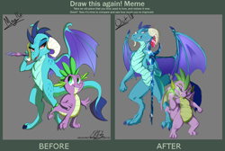 Size: 4572x3070 | Tagged: safe, artist:archaspect, artist:elicitie, character:princess ember, character:spike, species:dragon, absurd resolution, art evolution, bloodstone scepter, comparison, dragoness, draw this again, duo, female, gray background, male, redraw, simple background, smiling, smirk, winged spike