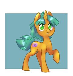 Size: 711x739 | Tagged: safe, artist:dinkelion, character:snails, species:pony, species:unicorn, bucktooth, glitter shell, looking at you, male, raised hoof, simple background, solo