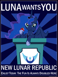Size: 6000x8000 | Tagged: safe, artist:lazypixel, character:princess luna, species:alicorn, species:pony, absurd resolution, apple, crown, eating, female, food, horseshoes, jewelry, mare, new lunar republic, poster, propaganda, propaganda poster, regalia, solo, text