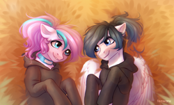 Size: 2456x1481 | Tagged: safe, artist:fenwaru, oc, oc only, oc:ice energy, oc:panda shade, species:earth pony, species:pegasus, species:pony, clothing, collar, cute, femboy, hoodie, looking at each other, lying in grass, male, shadenergy, ych result