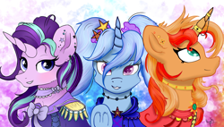 Size: 2560x1454 | Tagged: safe, artist:idrawspony, artist:ilynalta, character:starlight glimmer, character:sunset shimmer, character:trixie, species:pony, species:unicorn, alternate hairstyle, clothing, counterparts, ear piercing, female, horn jewelry, horn ring, jewelry, looking at you, mare, open collaboration, piercing, pigtails, smiling, trio, twilight's counterparts, underhoof