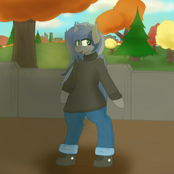 Size: 2000x2000 | Tagged: safe, artist:eclipsepenumbra, artist:eclipsethebat, oc, oc only, oc:eclipse penumbra, species:bat pony, autumn, clothing, cute, heart eyes, jeans, pants, semi-anthro, solo, sweater, wingding eyes